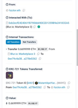A blockchain transaction record showing an ETH transfer of 0.66999999 ($1,132.17) from Blur.io Marketplace 3 to address 0xe79c4a38...a278e0262, along with an ERC-721 transfer of MutantApeYac (MAYC) token #6461 to hzctor.eth.