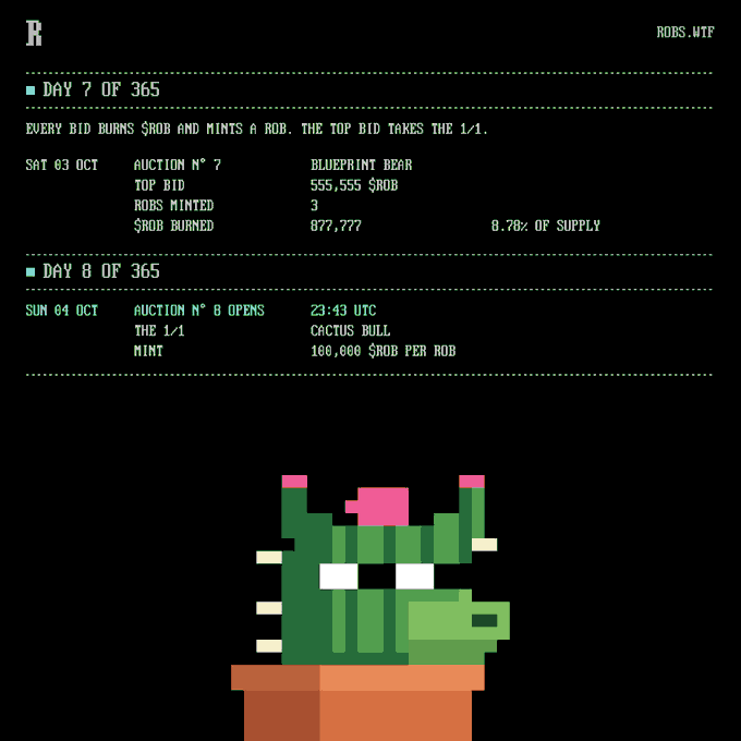 A terminal-style pixel art page for ROBS.WTF, noting it says 'Every bid burns $ROB and mints a ROB,' showing Day 7 of 365 auction results with Blueprint Bear topping at 555,555 $ROB, and announcing Day 8 cactus bull auction at 100,000 $ROB per ROB, with a cactus pixel character at the bottom.