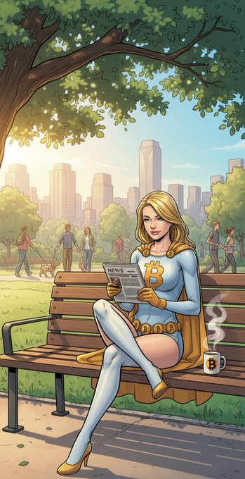 A blonde superhero figure wearing a white costume emblazoned with the Bitcoin "₿" symbol sits on a park bench reading a newspaper, accompanied by a steaming mug also bearing the Bitcoin logo. The image ties into the "GM CRYPTO" post by personifying the cryptocurrency community as a vigilant guardian enjoying a peaceful morning in the city.