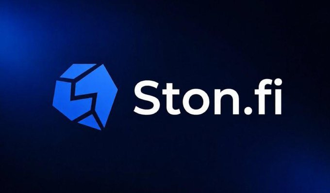 A logo for 'Ston.fi' featuring a blue geometric cube icon next to white text on a dark blue gradient background.