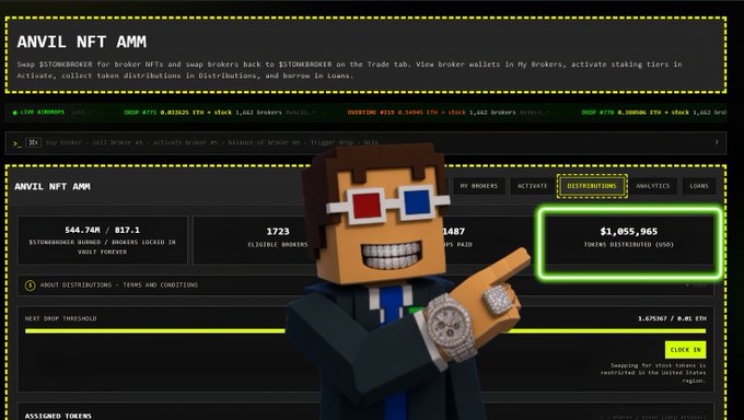 A screenshot of the 'ANVIL NFT AMM' dashboard showing token statistics (544.74M $STONEBROKER bound, 1723 eligible brokers, $1,055,965 distributed) with a cartoon character wearing 3D glasses and a large ring pointing at the screen.