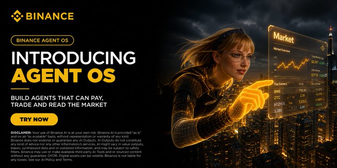 A Binance advertisement for 'Agent OS' featuring a woman interacting with a floating market data display, with text reading 'INTRODUCING AGENT OS - BUILD AGENTS THAT CAN PAY, TRADE AND READ THE MARKET' and a 'TRY NOW' button.