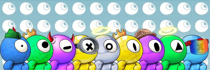 An illustration of colorful cartoon characters with halos and various accessories (crown, horns, X eye, hat, Among Us visor) lined up against a blue background.