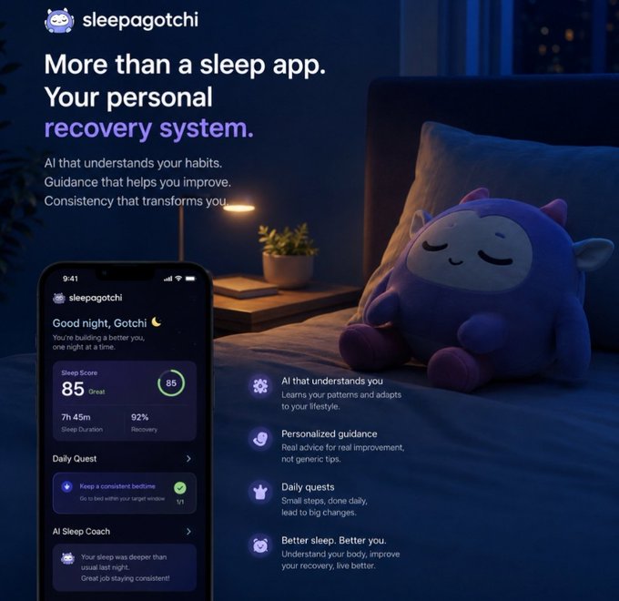 An advertisement for the 'sleepagotchi' app displays the text 'More than a sleep app. Your personal recovery system.' A blue monster plush and a smartphone showing the app interface are shown on a bedside table.