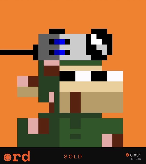 A pixel art image depicting a figure with a VR-like headset and holding a gun, set against an orange background, with "ord", "SOLD", "0.031", and "$1,955" displayed at the bottom.