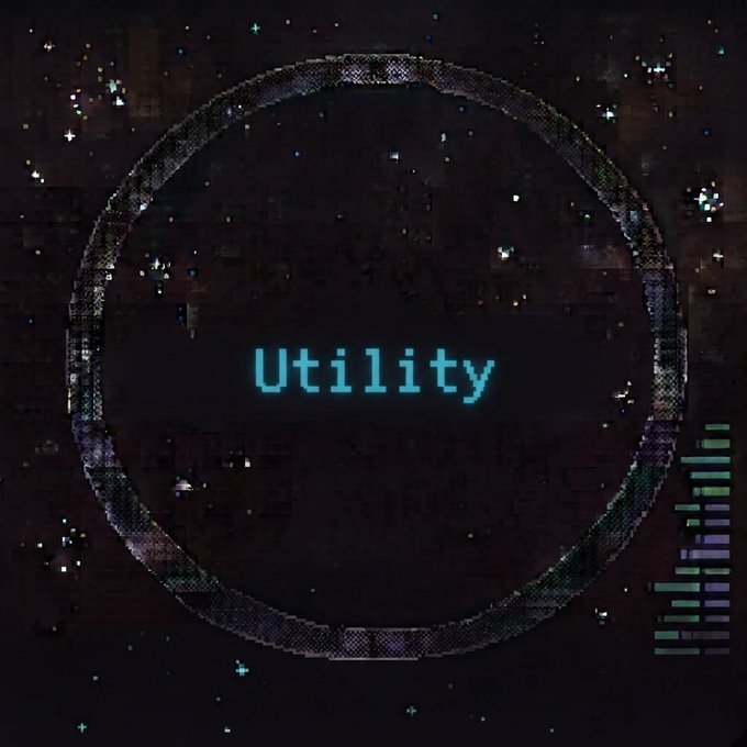 A retro pixel art graphic displays the word "Utility" in cyan text inside a circle against a dark starry background with glitch effects.