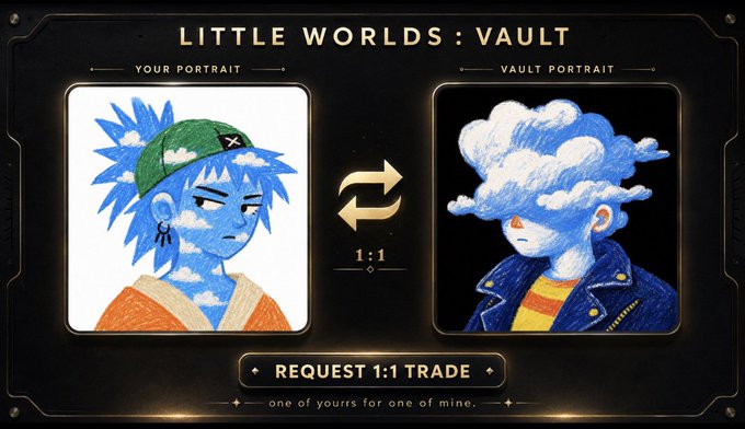 A 'Little Worlds: Vault' interface shows a 1:1 trade request between two portrait cards, featuring illustrations of blue-haired characters with cloud-like hair and a green headband.