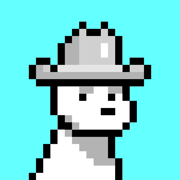 Pixel art portrait of a white character wearing a white wide-brimmed hat against a teal background.