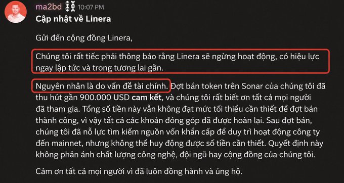 A Discord announcement in Vietnamese from user 'ma2bd' titled 'Cập nhật về Linera' (Update on Linera) announces that the Linera project is ceasing operations immediately due to failed fundraising, with red boxes highlighting key sentences.