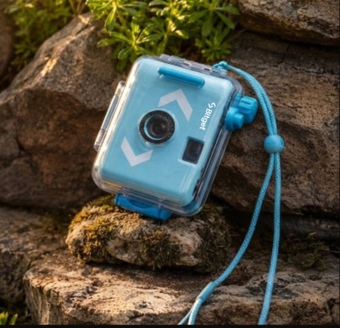 A blue Spiger-brand waterproof action camera in a clear protective case sits on mossy rocks, featuring directional arrows on its front face and a blue lanyard attached.