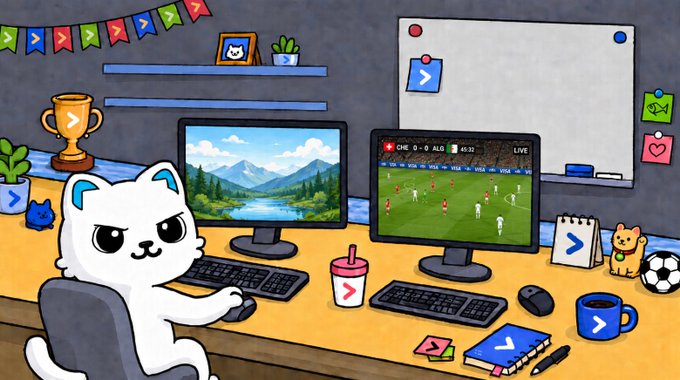 A cartoon white cat sits at a desk with dual monitors—one displaying a serene lake landscape and the other showing a live soccer match (CHE 0-0 ALD, 83:22)—alongside a trophy, sports balls, and "thecodinglove" logo items. The image mirrors the post's message by humorously contrasting focused work (the trophy and coding screen) with dedicated downtime (the live football game), suggesting the cat approaches both responsibilities with equal enthusiasm.