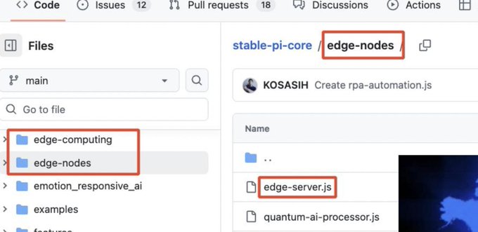 A screenshot of a GitHub repository page showing folders like "edge-computing" and "edge-nodes", with a file named "edge-server.js" highlighted.