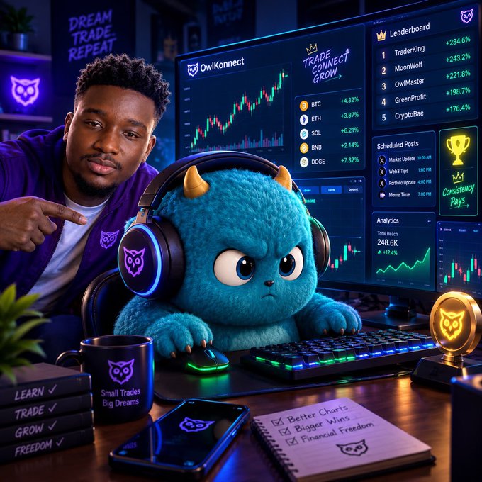 A young man next to a blue horned mascot character wearing headphones at a crypto trading desk showing OwlKonnect platform with BTC, ETH, SOL, BNB, DOGE prices and a leaderboard.