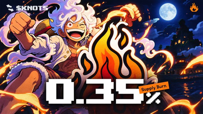A vibrant anime-style graphic featuring a white-haired character with flames, advertising 'SKNOTS' with '0.35% Supply Burn' displayed prominently.