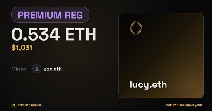 The image shows a sign or poster with information about premium registration and an offer for ether trading. The background of the text appears black, but there are yellow lines around it that make the text stand out clearly. The main part of the image features a nameplate in yellow letters that displays the message "lucy.eth", which is likely related to the offer or registration being advertised. In addition, there's a block of text beneath this sign stating "MINTER Zoe.eth" and "ZOE.eth". This might be an offer, discount, or payment-related information about the registration process involving a cryptocurrency user named Zoe. It also mentions that this is the first time anyone has registered with them in the past 5 years.