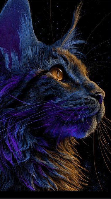 A striking profile portrait of a cat rendered in vibrant hues of purple, blue, and orange against a starry night background, the artwork fits the post's GM greeting and celebrates a friend's Tezos-themed creative piece.