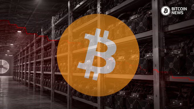 A Bitcoin logo is overlaid on rows of mining equipment with cooling fans, while a downward red line graph highlights a declining trend. The image relates to the caption by visually representing the Bitcoin mining industry amid news that Foundry USA, controlling 33% of global hashrate, is polling its customers on supporting BIP-110.
