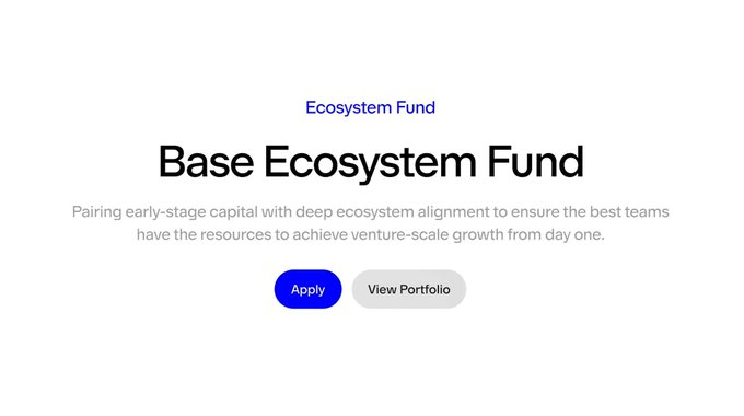 A webpage banner for the 'Base Ecosystem Fund' with the description 'Pairing early-stage capital with deep ecosystem alignment' and Apply/View Portfolio buttons.