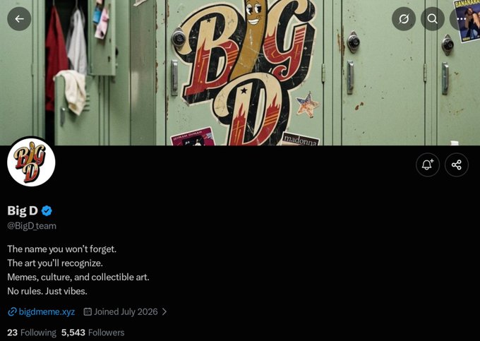 The image shows the Twitter/X profile of "Big D" (@BigD_team), featuring a retro-styled "Big D" logo on lockers, with the bio mentioning "memes, culture, and collectible art" and a link to bigdmeme.xyz. The profile aligns with the post's promotion of a BigD NFT airdrop on Robinhood Chain, where holders will receive 690,000 $BIGD tokens from a collection of 6,969 NFTs.