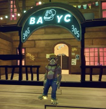 A gorilla avatar stands in front of a storefront labeled "BAYC 305," referencing the Bored Ape Yacht Club, after being transformed into an Otherside Meta avatar using Escapation's Sloptimizer tool.