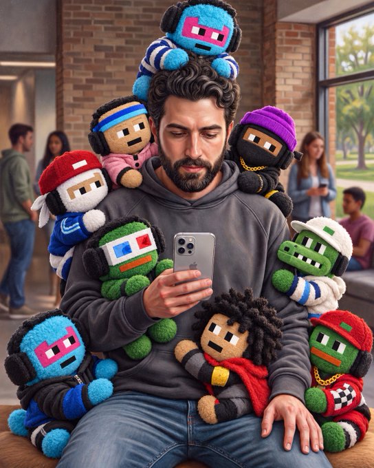 An illustration of a man in a gray hoodie looking at his phone, covered in numerous colorful, blocky plush toys featuring various designs and hats.
