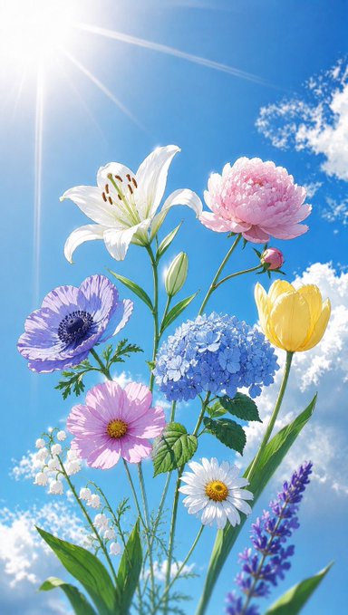 A vibrant floral arrangement features a white lily, pink peony, yellow tulip, purple anemone, blue hydrangea, pink cosmos, white daisy, and lavender sprigs, all set against a bright blue sky with wispy clouds and a radiant sunburst.