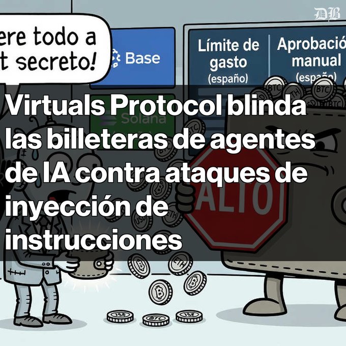 A Spanish-language news illustration titled 'Virtuals Protocol blinda las billeteras de agentes de IA contra ataques de inyección de instrucciones,' showing a cartoon character hiding a coin-filled bag near a stop sign.