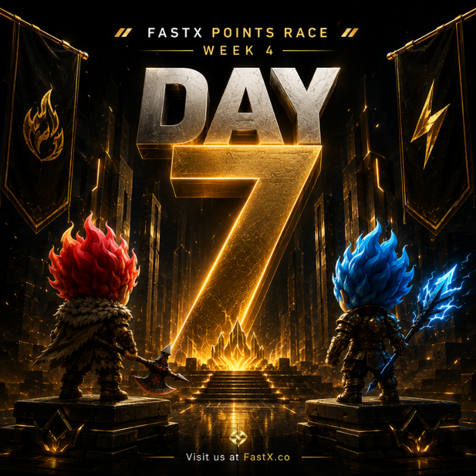 A fantasy-themed promotional image displays 'FASTX POINTS RACE WEEK 4 DAY 7' with two chibi warriors—one with red flames and one with blue lightning—facing a glowing throne, with 'Visit us at FastX.co' at the bottom.