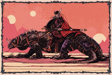 An illustration of a masked warrior with a red cape wielding a katana while riding a heavily armored beast-like creature against a red desert landscape with twin suns.