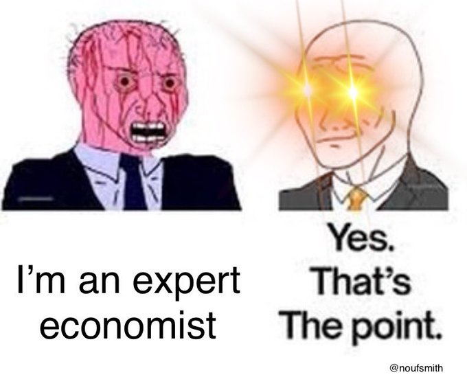 A Wojak-style meme contrasting a distressed pink-faced character labeled 'I'm an expert economist' with a glowing-eyed bald character saying 'Yes. That's The point.'