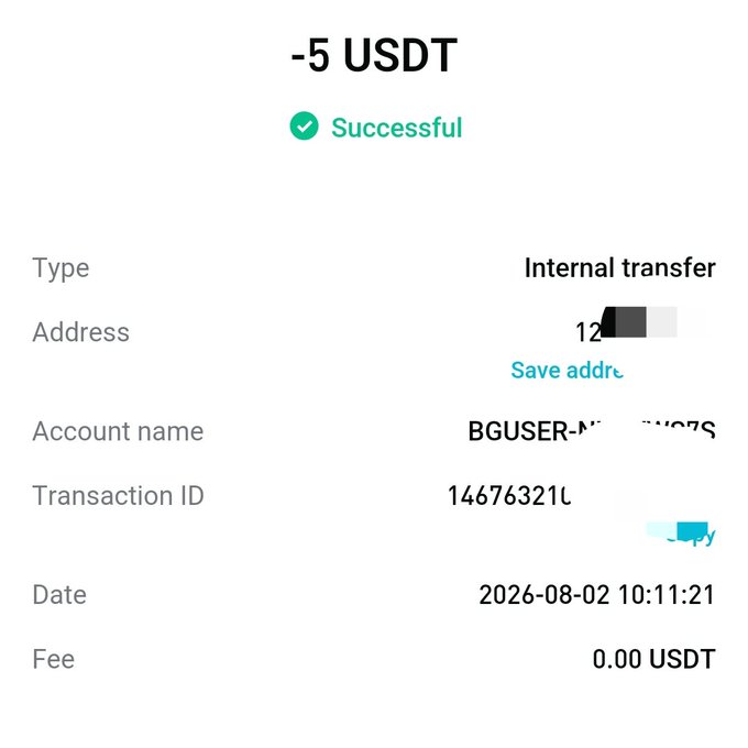 A successful transaction confirmation screen shows a -5 USDT internal transfer to an address starting with '12', with account name 'BGUSER-N', transaction ID '146763210', dated 2026-08-02 10:11:21, with 0.00 USDT fee.