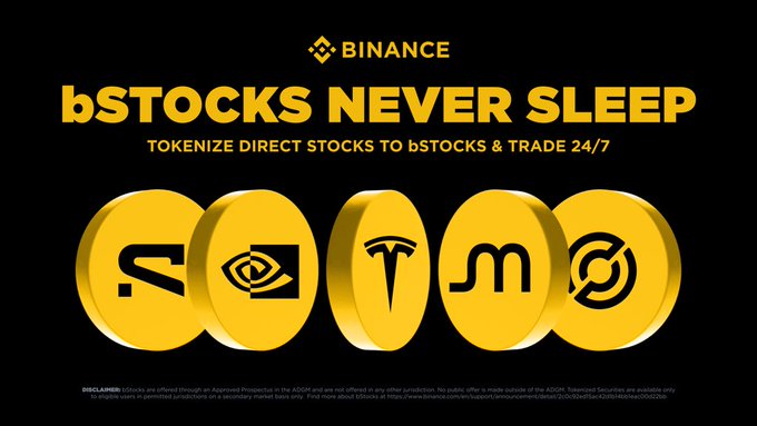 A Binance promotional advertisement reading 'bSTOCKS NEVER SLEEP' and 'TOKENIZE DIRECT STOCKS TO bSTOCKS & TRADE 24/7' with five golden coin logos.