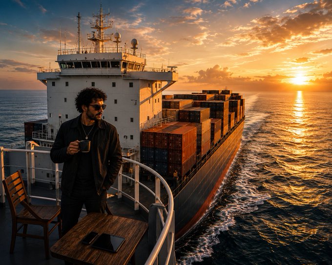A man in sunglasses holding a mug stands on the deck of a large container ship, looking out at the ocean during a golden sunset with a tablet on a nearby table.