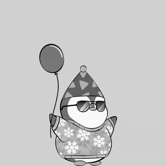 A black-and-white illustration of a cute gnome character wearing a winter sweater with snowflakes, sunglasses, and a pointed hat, holding a balloon.