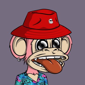 A cartoon illustration of a Bored Ape-style monkey character wearing a red bucket hat with a skull logo, a floral shirt, an earring, and its tongue sticking out.