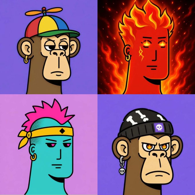 A four-panel grid of stylized NFT character portraits—including a propeller-cap monkey, a flaming figure with glowing eyes, a punk-haired teal avatar, and a skull-beanie ape wearing bone earrings—evoking the playful NFT vibe promoted on the777punks.xyz website for $HBAR enthusiasts.