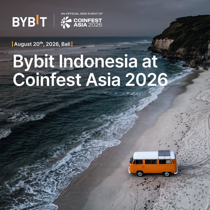 A promotional graphic for "Bybit Indonesia at Coinfest Asia 2026," an official side event on August 20th, 2026 in Bali, featuring an aerial view of an orange and white vintage van parked on a sandy beach beside ocean waves and dramatic cliffs. The scenic beachside imagery complements the post's invitation to join Bybit at the world's largest crypto festival in Bali for networking and exclusive activities.