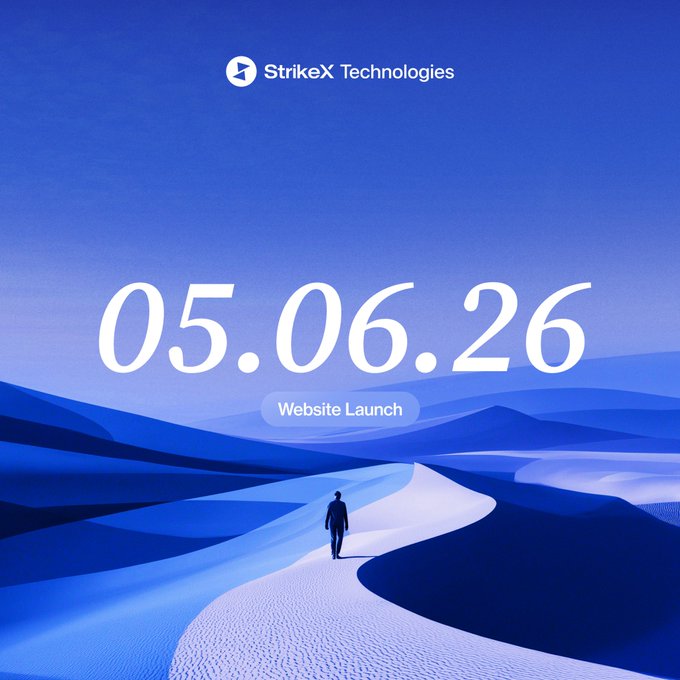 The image features a man walking down a path through a desert landscape, with mountains visible in the background. The text "Not just a website. This is where we see the full utility of the $strx token." indicates that there might be an event or launch related to the strx token and its use for websites.