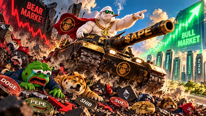 A vibrant crypto-themed AI illustration features a gorilla in sunglasses and a gold chain riding a tank labeled "SAPE" between crumbling "Bear Market" and "Bull Market" skyscrapers, with crypto coins like DOGE, PEPE, SHIB, SOL, and Bitcoin scattered below.