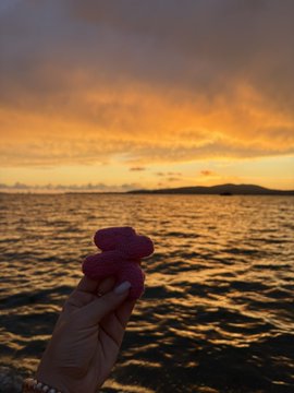 A hand holds a small pink heart-shaped object against a breathtaking sunset over the ocean, with distant mountains silhouetted on the horizon and a vibrant orange sky reflecting on the water. The image beautifully complements the post's message, visually capturing the moment of pause and appreciation for the world's beauty before returning inspired to build with @RialoHQ.