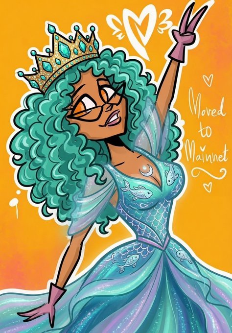 A colorful cartoon illustration of a woman with teal curly hair wearing a jeweled crown and a sparkly blue fish-scale gown, with text reading 'Moved to Mainnet' alongside hearts on an orange background.