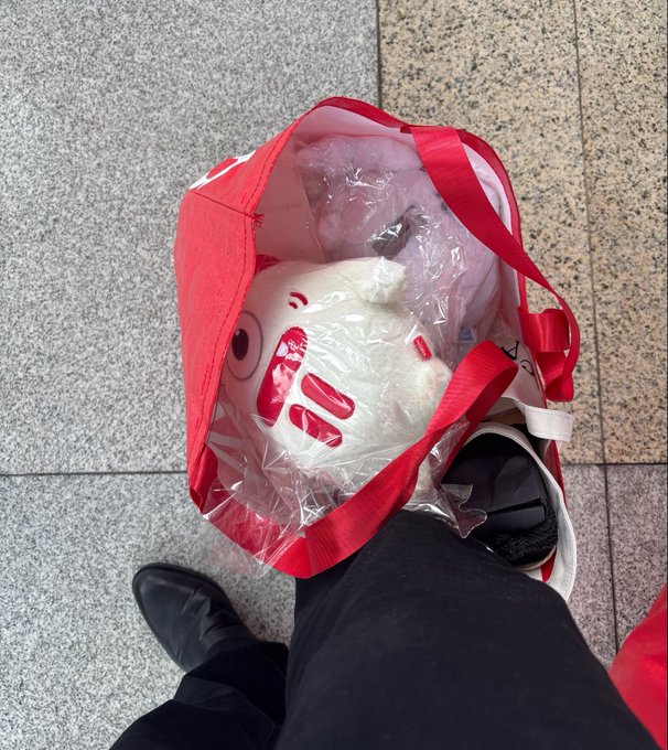 An overhead view looking down into a red shopping bag containing a white plush toy with red accents, with the photographer's black shoes visible on a tiled floor.