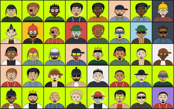 A grid of 40 cartoon-style character portraits with various skin tones, hairstyles, hats, and accessories set against colored backgrounds including green, yellow, red, blue, and pink.