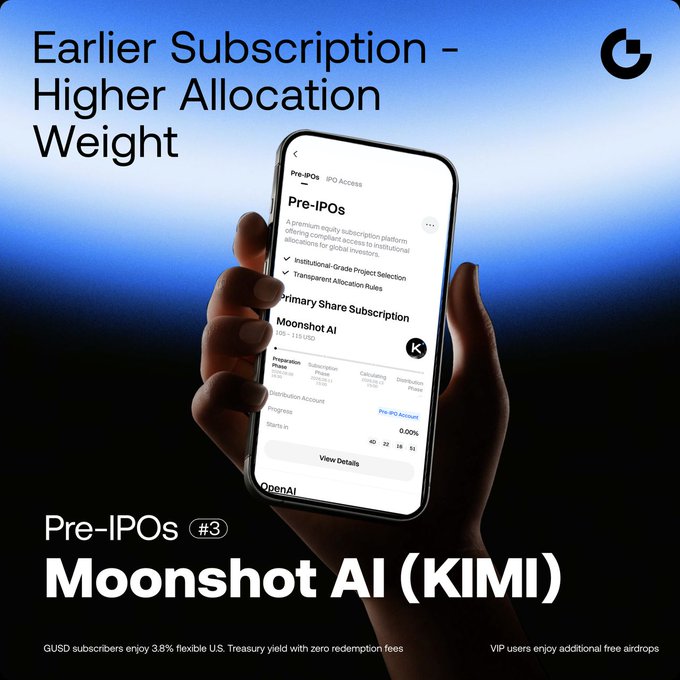 The image is a promotional graphic for a Moonshot AI (KIMI) pre-IPO subscription, highlighting the "Earlier Subscription – Higher Allocation Weight" message, with a smartphone displaying an "OpenAI" labeled investment platform showing subscription details including a 0.00% progress bar, while noting that GUSD subscribers receive 3.8% U.S. Treasury yield and VIP users get additional free airdrops.