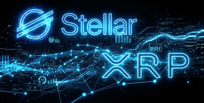 A glowing blue neon graphic displays the Stellar logo and "Stellar" text alongside the "XRP" ticker against a digital network backdrop, visually representing the two blockchain competitors being compared in the post about their diverging tokenized asset holdings and market valuations.