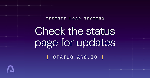 The image is a dark purple graphic announcing "TESTNET LOAD TESTING" with a directive to "Check the status page for updates" at status.arc.io, featuring a small Arc logo in the bottom left. It serves as a visual alert for Arc Testnet users to monitor for service disruptions during the planned load testing phase on July 8, 2026, when network congestion and higher fees may occur.