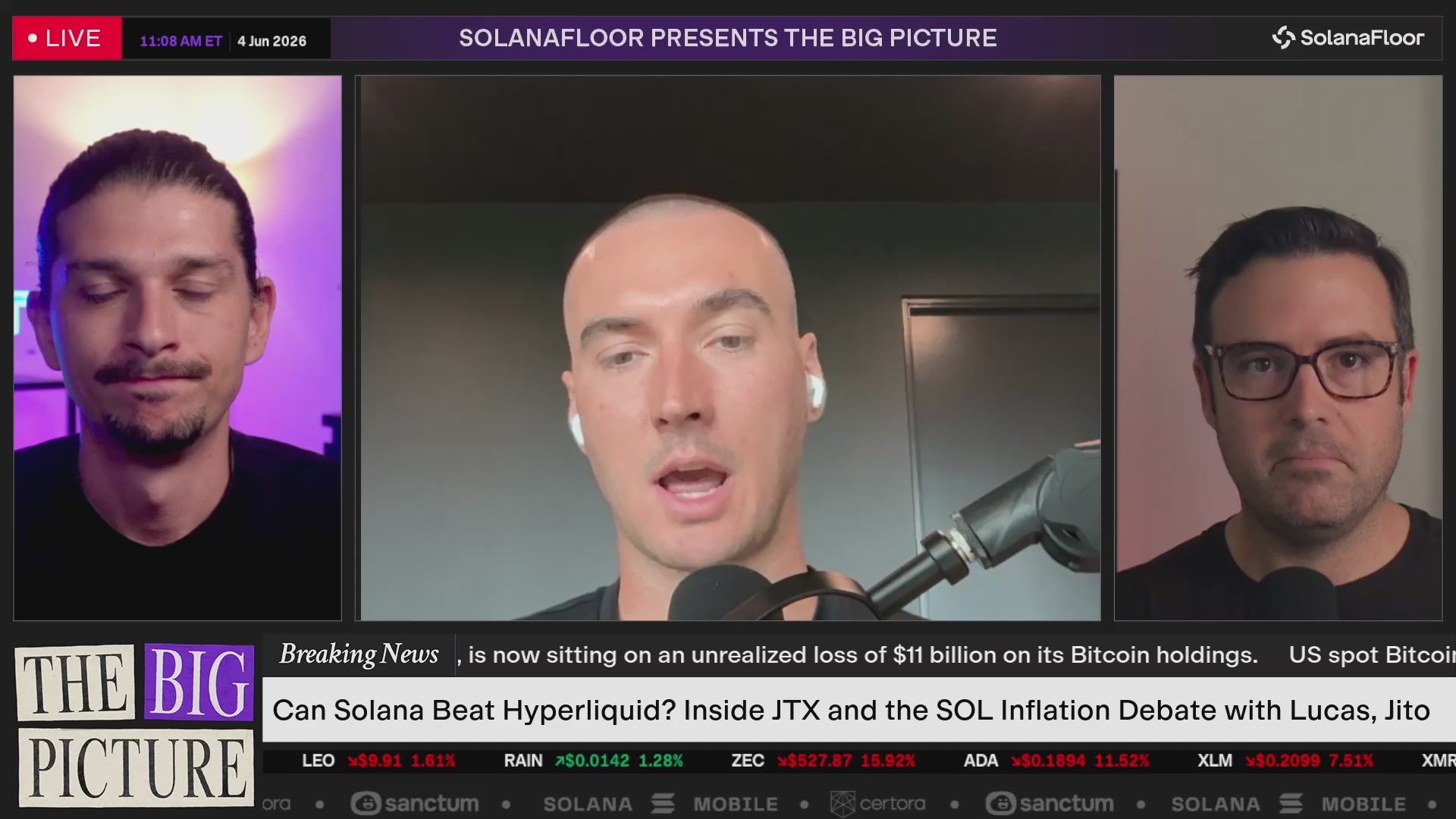The image shows a computer screen displaying three different people's faces with microphones attached to their ears. The first person has a microphone close to them, while the other two have microphones further away from them. The background of the image features text that reads "LIVE: Join @solanaFloor to hear about JTX, the future of Solana, and more." This suggests that the image is related to a live event or discussion on social media platforms where people can share their thoughts and ideas with others in real-time.