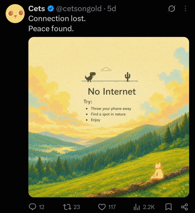A social media post from user 'Cets' (@cetsongold) stating 'Connection lost. Peace found.' featuring a vintage-style 'No Internet' illustration with pixel dinosaurs and tips like 'Throw your phone away' and 'Find a spot in nature'.