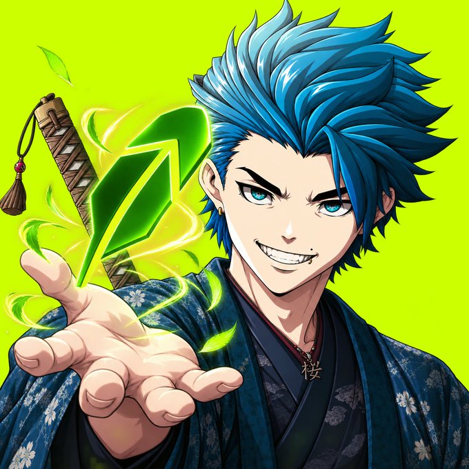 An anime-style illustration of a smirking male character with spiky blue hair and bright blue eyes, wearing a dark blue floral kimono and holding out his hand with glowing green leaves and a katana on his back.