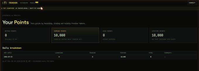 A dashboard for 'TRENCHOR' displaying a 'YourPoints' page with 10,000 TAPPING POINTS and 10,000 LIFETIME POINTS, and a daily breakdown table dated '2024-07-15'.